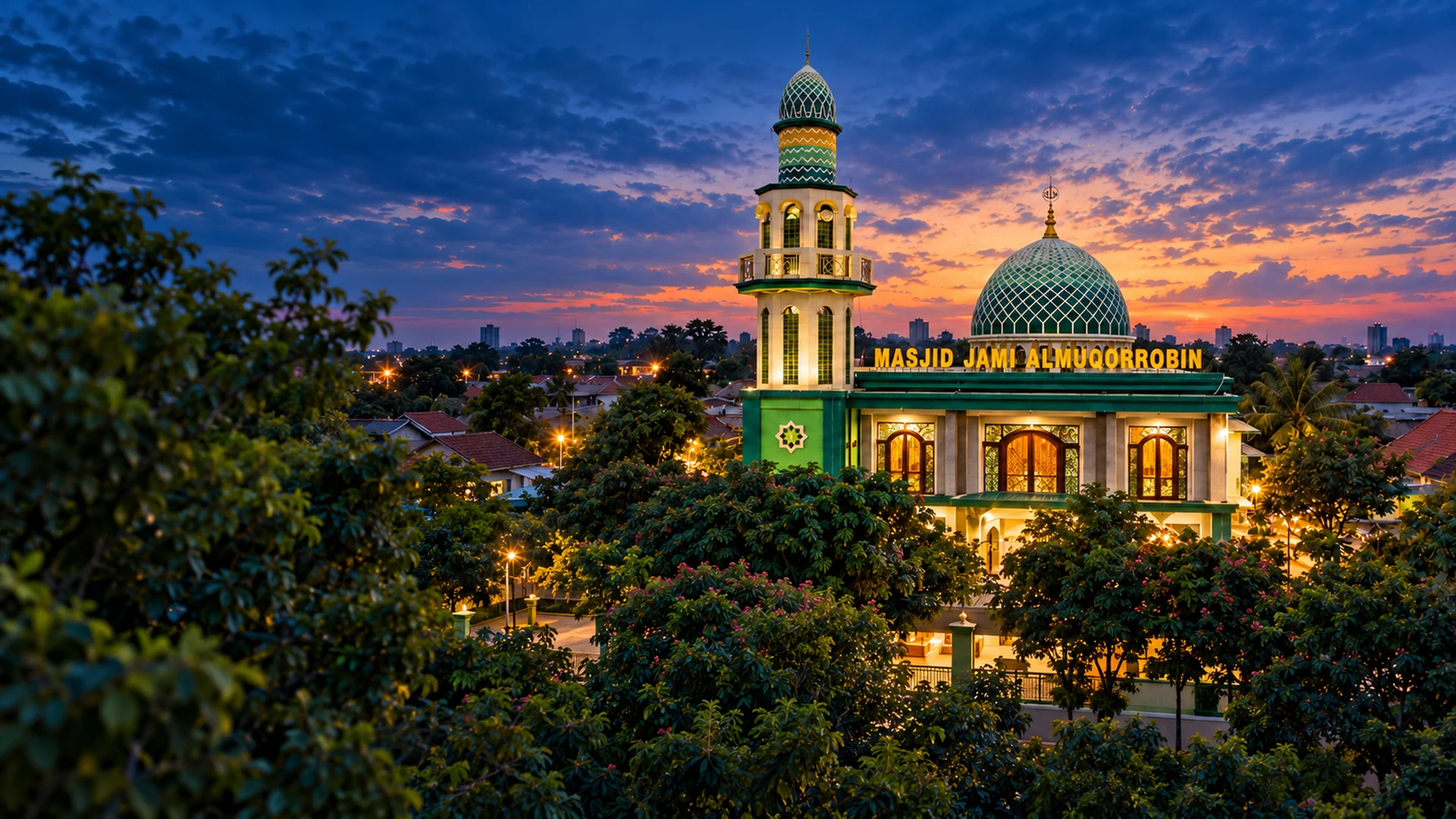 Ilustrasi Masjid Al-Muqorrobin berkubah hijau saat senja